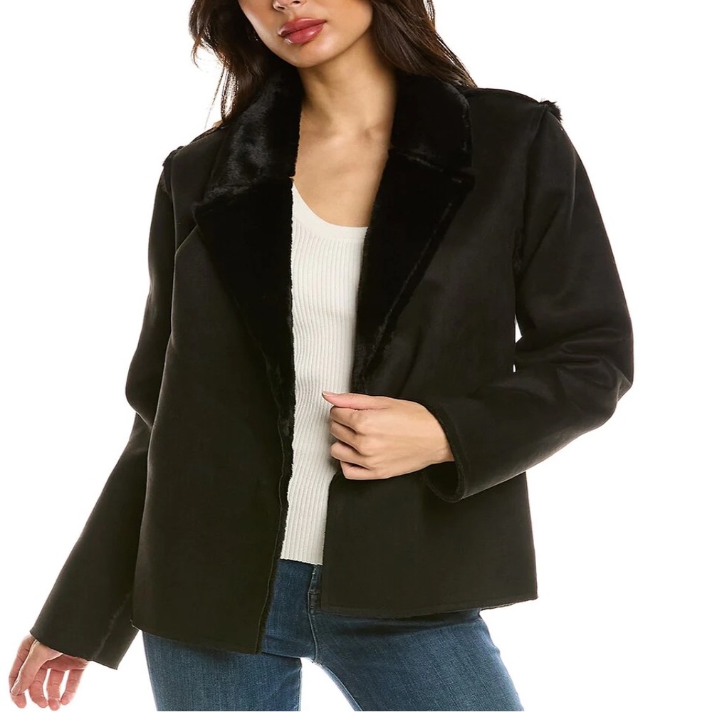 Michael Stars Kit Notch Collar Jacket in Black with Faux Shearling Design NWT